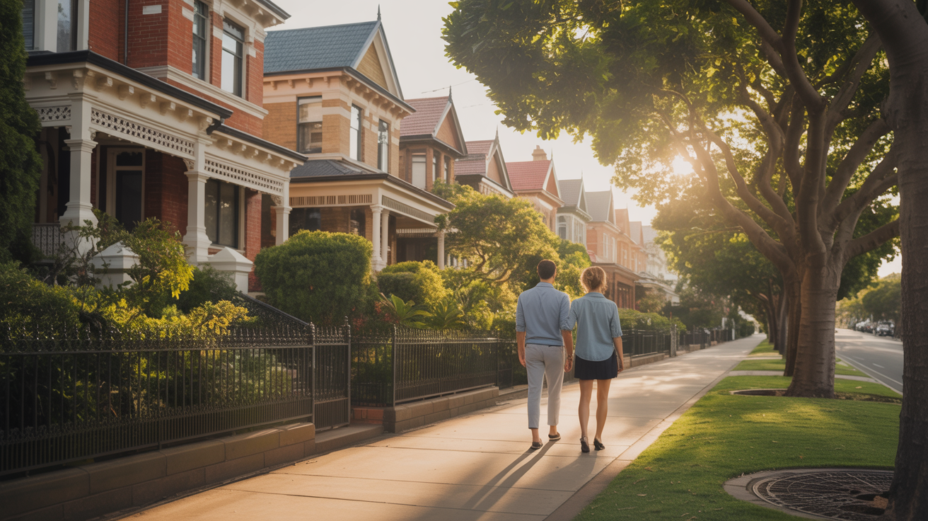 Tree-lined Sydney suburban street at golden hour with character homes